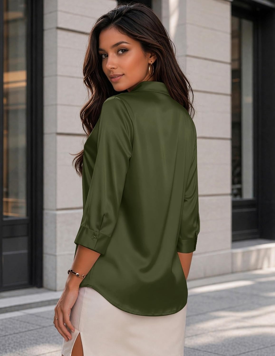 image:imageZeagoo Womens Satin Blouses Button Down Shirts 34 Sleeve Dressy Tops S2XLArmy Green