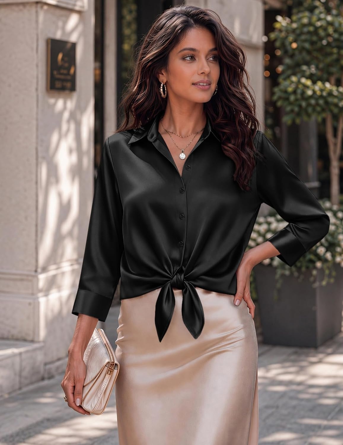image:imageZeagoo Womens Satin Blouses Button Down Shirts 34 Sleeve Dressy Tops S2XLBlack