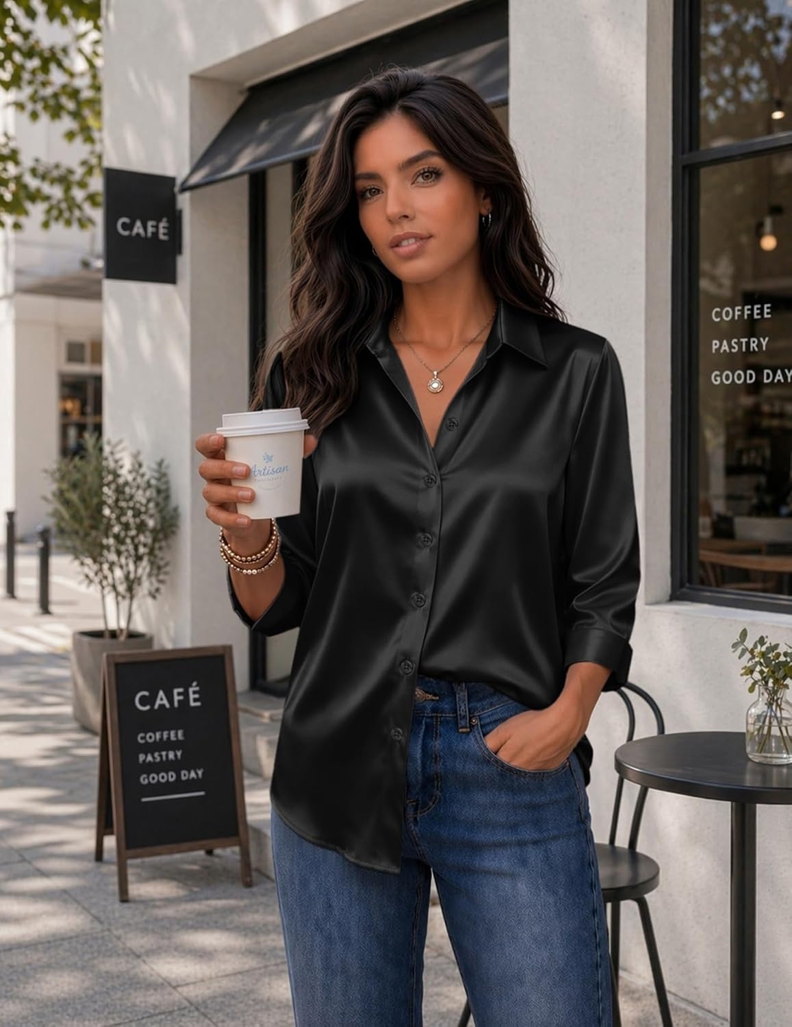 image:imageZeagoo Womens Satin Blouses Button Down Shirts 34 Sleeve Dressy Tops S2XLBlack
