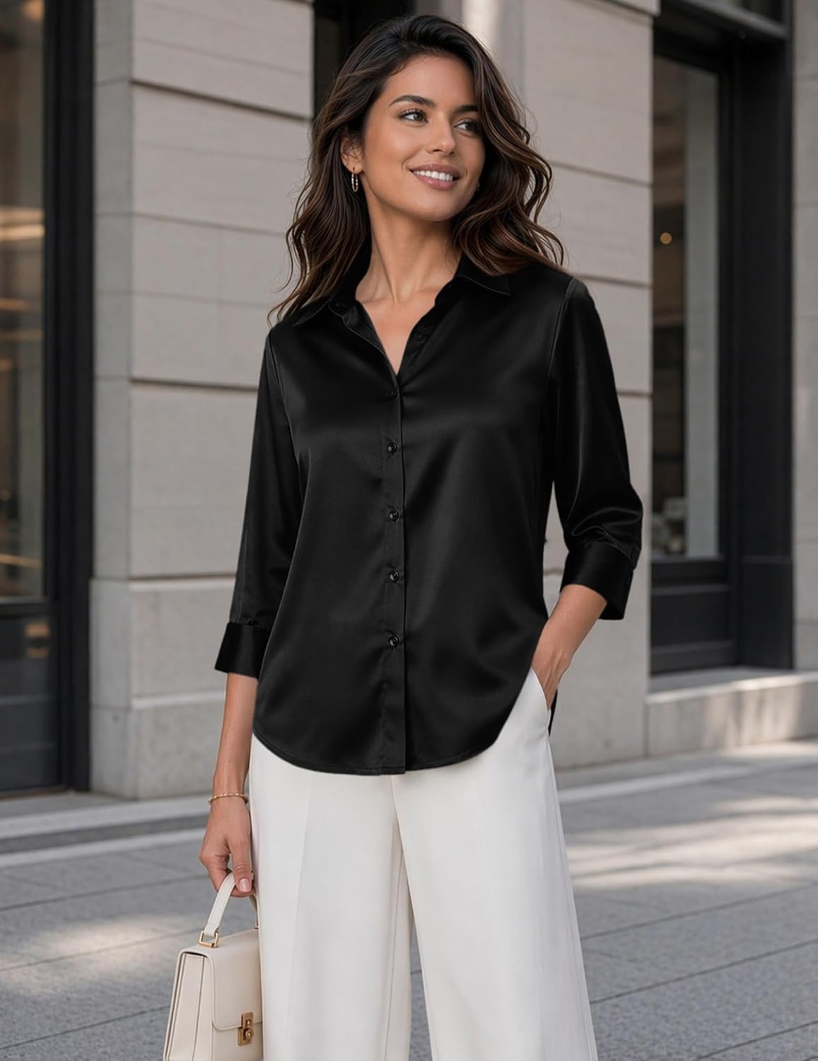 image:imageZeagoo Womens Satin Blouses Button Down Shirts 34 Sleeve Dressy Tops S2XLBlack
