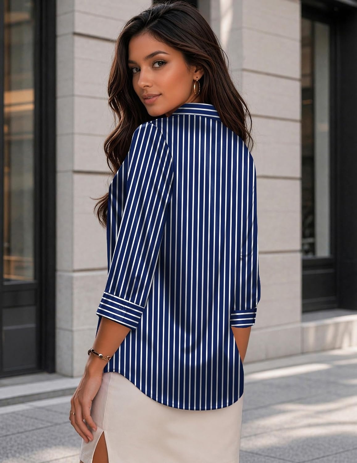 image:imageZeagoo Womens Satin Blouses Button Down Shirts 34 Sleeve Dressy Tops S2XLBlue Stripe