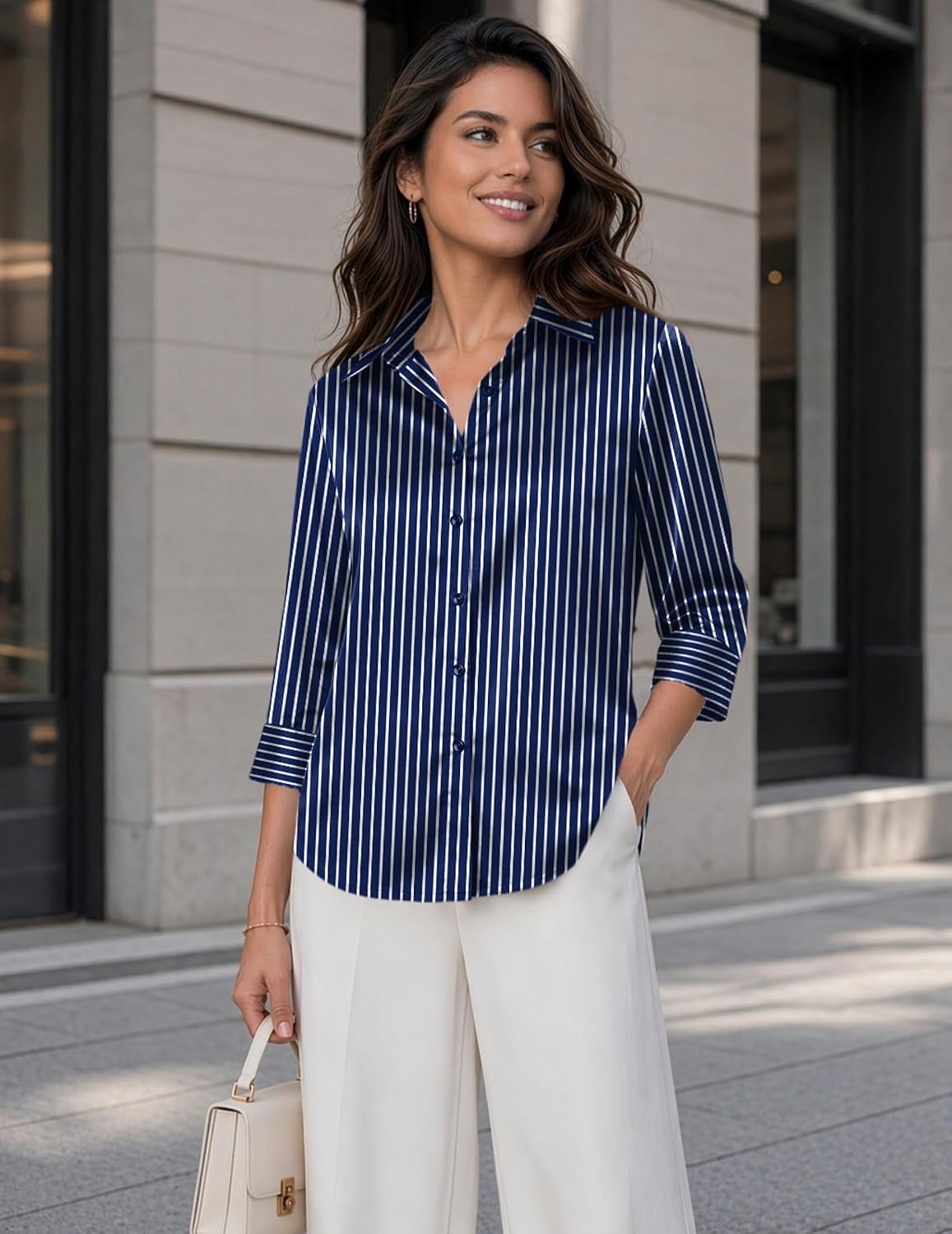 image:imageZeagoo Womens Satin Blouses Button Down Shirts 34 Sleeve Dressy Tops S2XLBlue Stripe