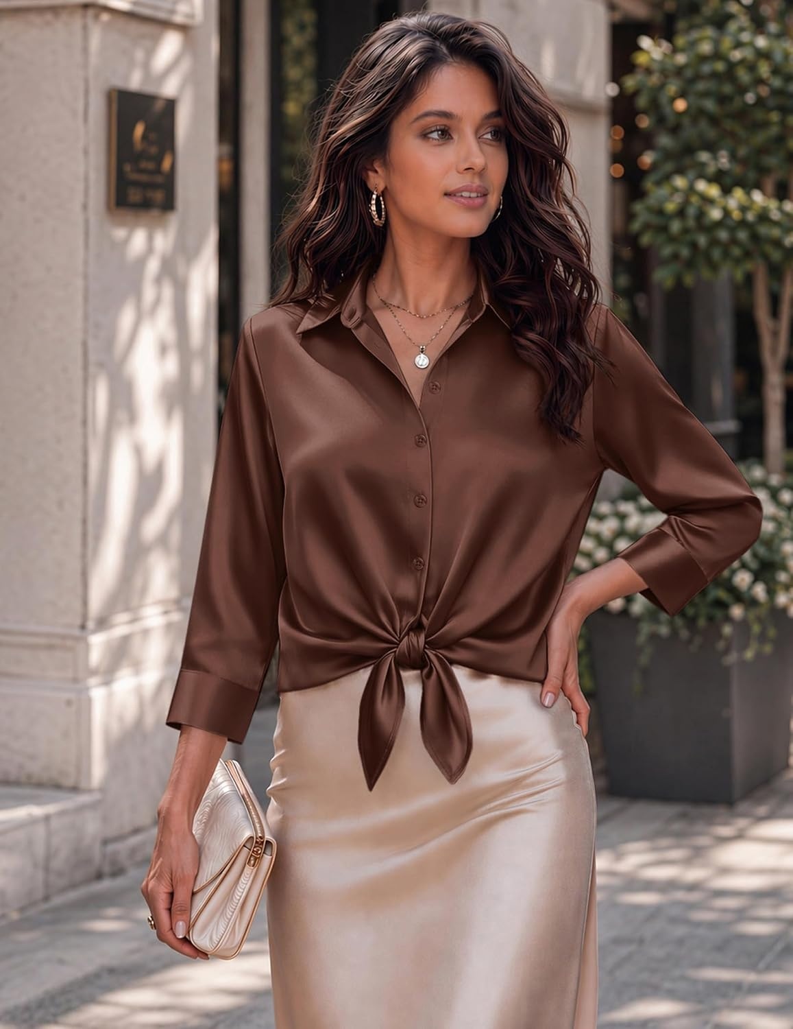 image:imageZeagoo Womens Satin Blouses Button Down Shirts 34 Sleeve Dressy Tops S2XLBrown