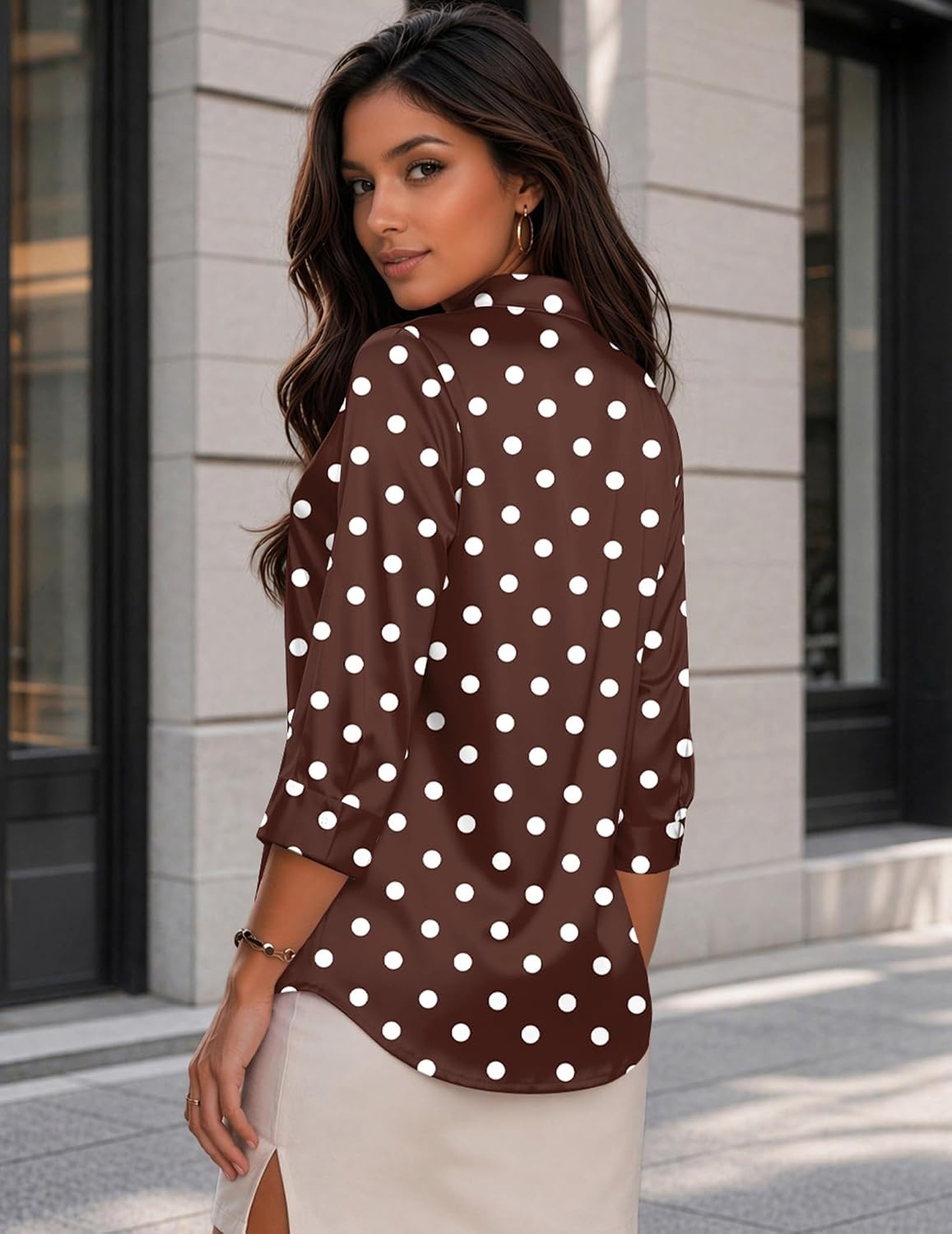 image:imageZeagoo Womens Satin Blouses Button Down Shirts 34 Sleeve Dressy Tops S2XLBrown Polka Dots