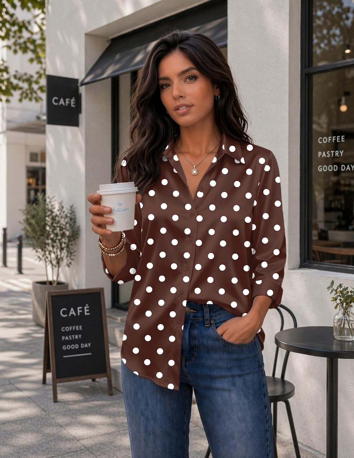 image:imageZeagoo Womens Satin Blouses Button Down Shirts 34 Sleeve Dressy Tops S2XLBrown Polka Dots