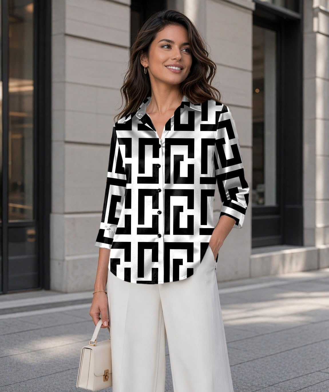 image:imageZeagoo Womens Satin Blouses Button Down Shirts 34 Sleeve Dressy Tops S2XLGeometry