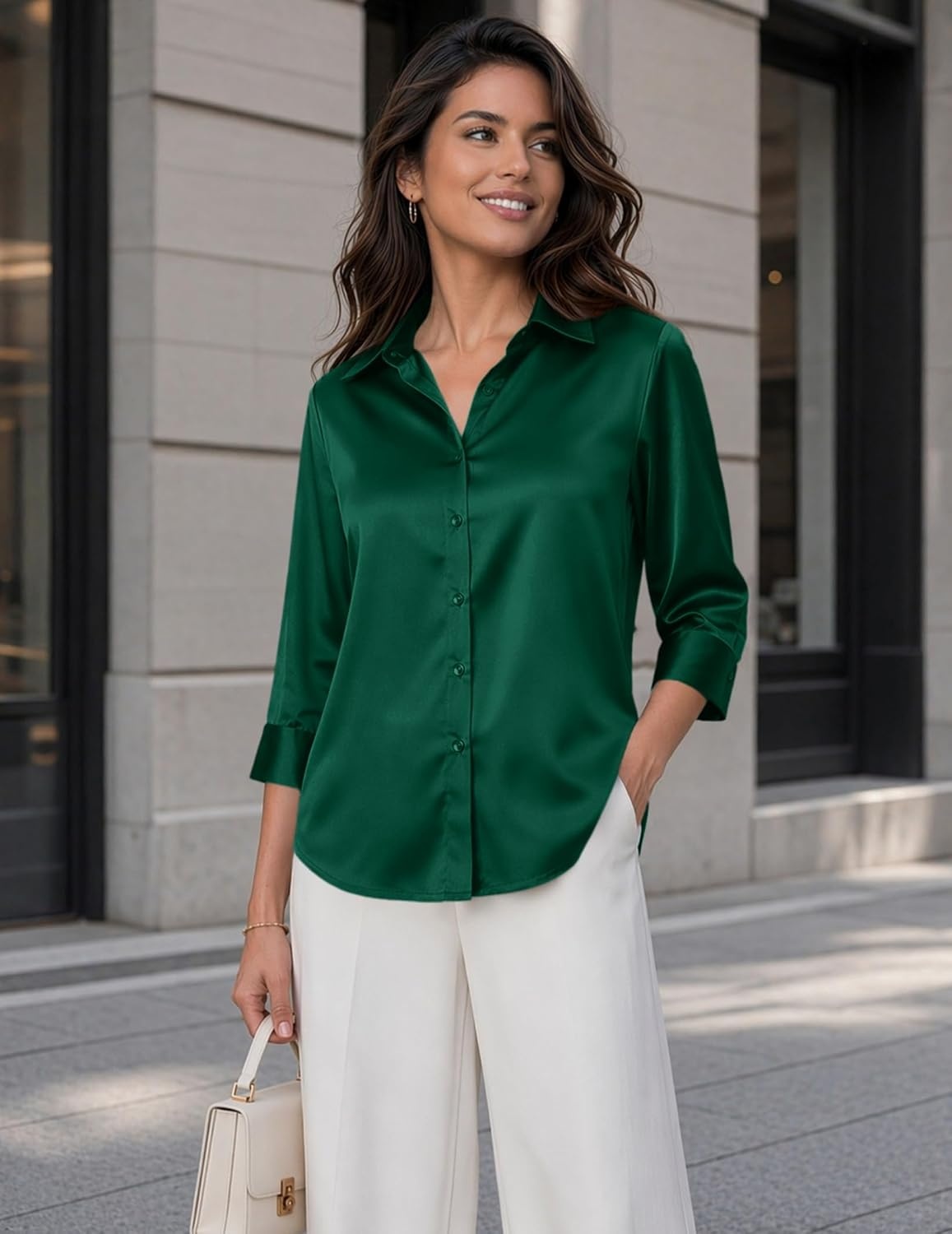 image:imageZeagoo Womens Satin Blouses Button Down Shirts 34 Sleeve Dressy Tops S2XLGreen
