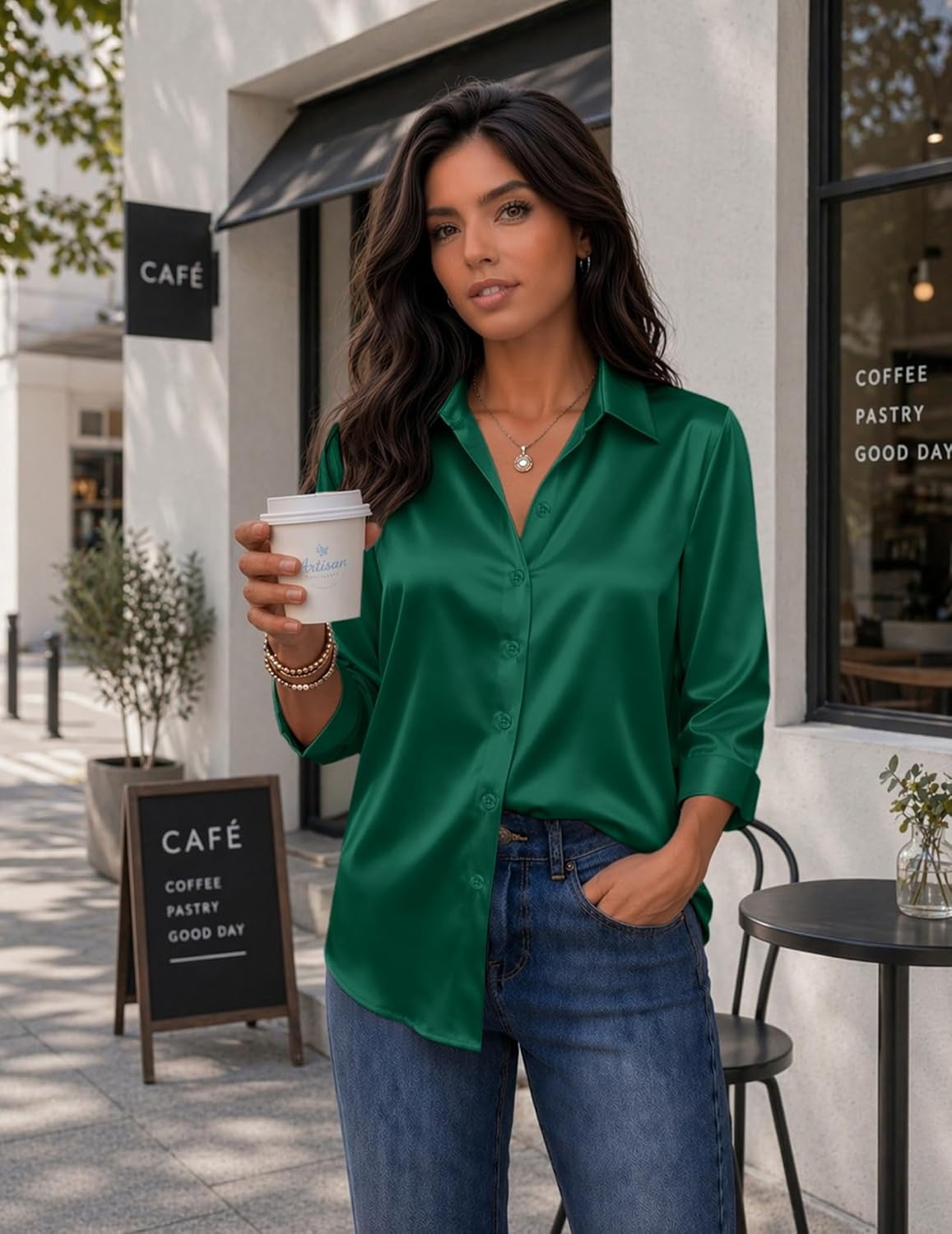 image:imageZeagoo Womens Satin Blouses Button Down Shirts 34 Sleeve Dressy Tops S2XLGreen