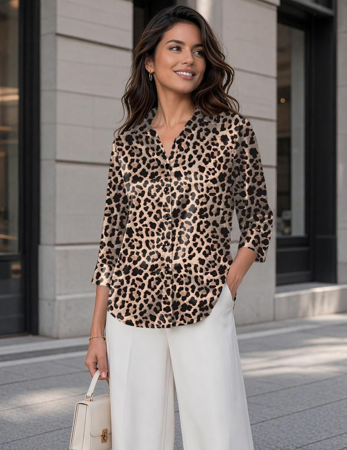 image:imageZeagoo Womens Satin Blouses Button Down Shirts 34 Sleeve Dressy Tops S2XLLeopard