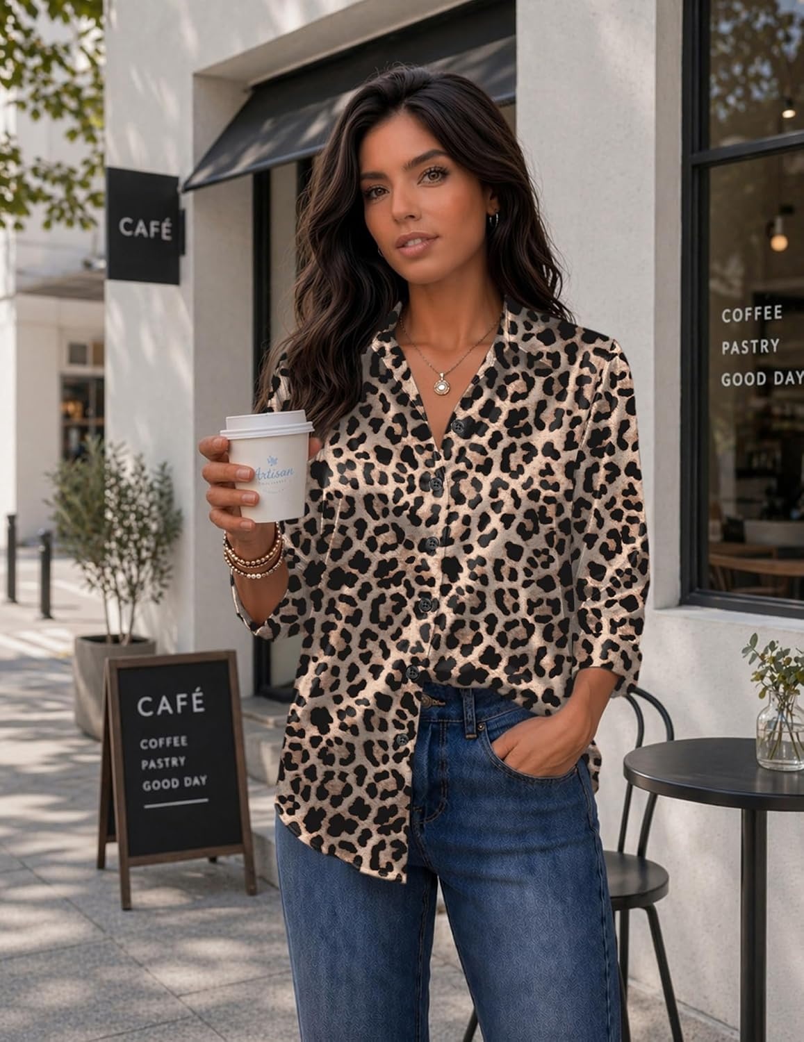 image:imageZeagoo Womens Satin Blouses Button Down Shirts 34 Sleeve Dressy Tops S2XLLeopard