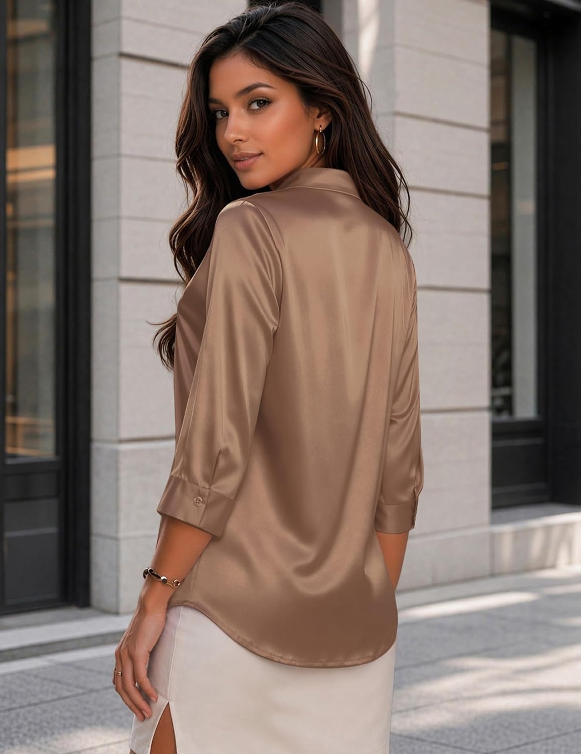 image:imageZeagoo Womens Satin Blouses Button Down Shirts 34 Sleeve Dressy Tops S2XLLight Coffee