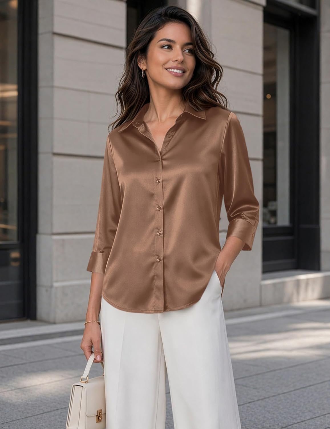 image:imageZeagoo Womens Satin Blouses Button Down Shirts 34 Sleeve Dressy Tops S2XLLight Coffee