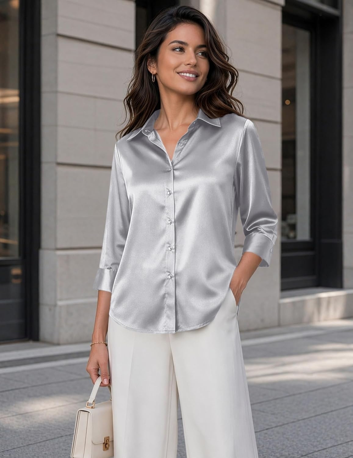 image:imageZeagoo Womens Satin Blouses Button Down Shirts 34 Sleeve Dressy Tops S2XLLight Gray