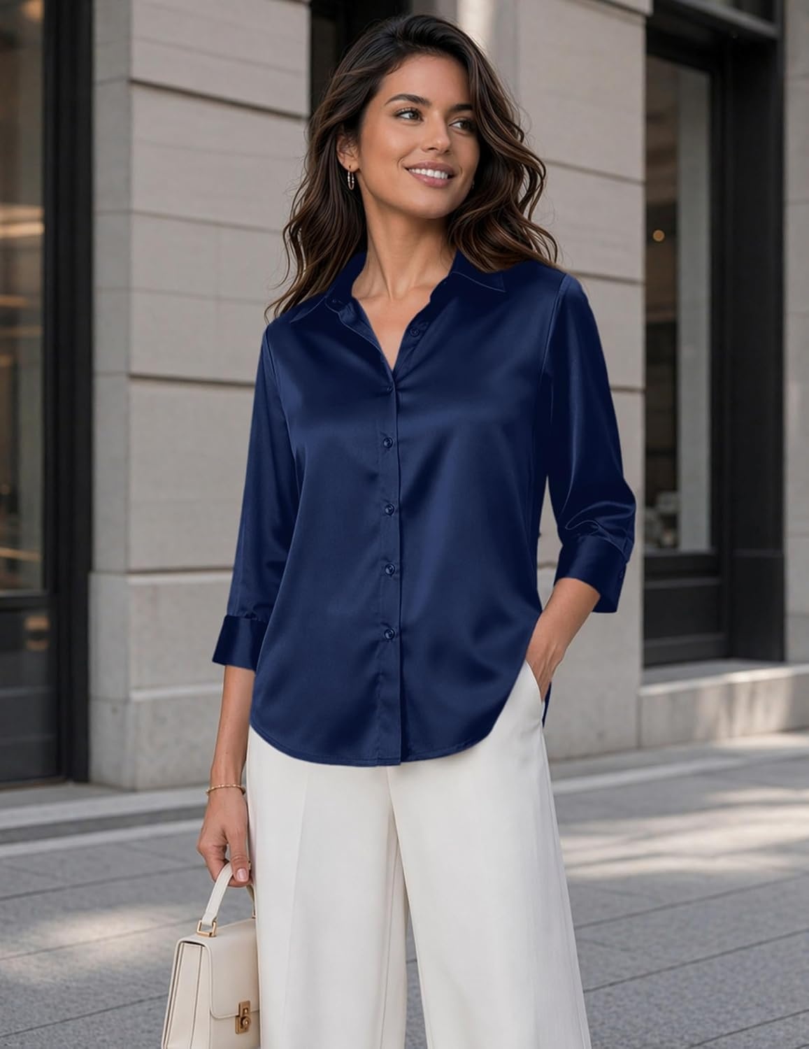 image:imageZeagoo Womens Satin Blouses Button Down Shirts 34 Sleeve Dressy Tops S2XLNavy Blue