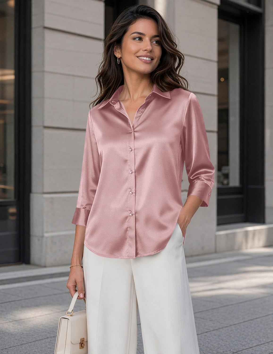 image:imageZeagoo Womens Satin Blouses Button Down Shirts 34 Sleeve Dressy Tops S2XLPink