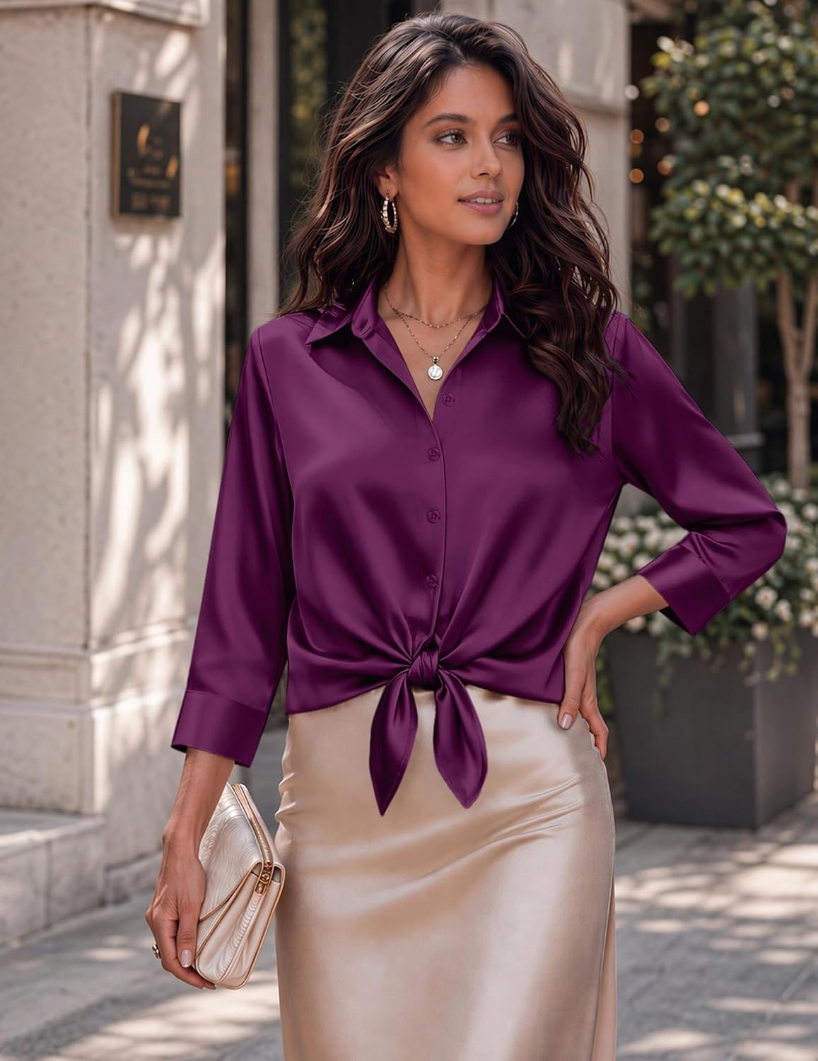 image:imageZeagoo Womens Satin Blouses Button Down Shirts 34 Sleeve Dressy Tops S2XLPurple