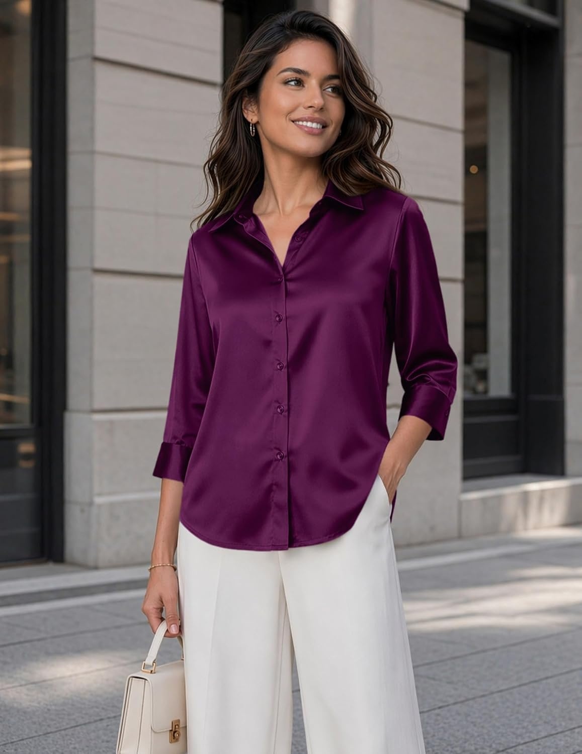 image:imageZeagoo Womens Satin Blouses Button Down Shirts 34 Sleeve Dressy Tops S2XLPurple