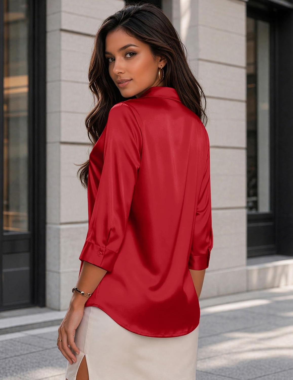 image:imageZeagoo Womens Satin Blouses Button Down Shirts 34 Sleeve Dressy Tops S2XLRed