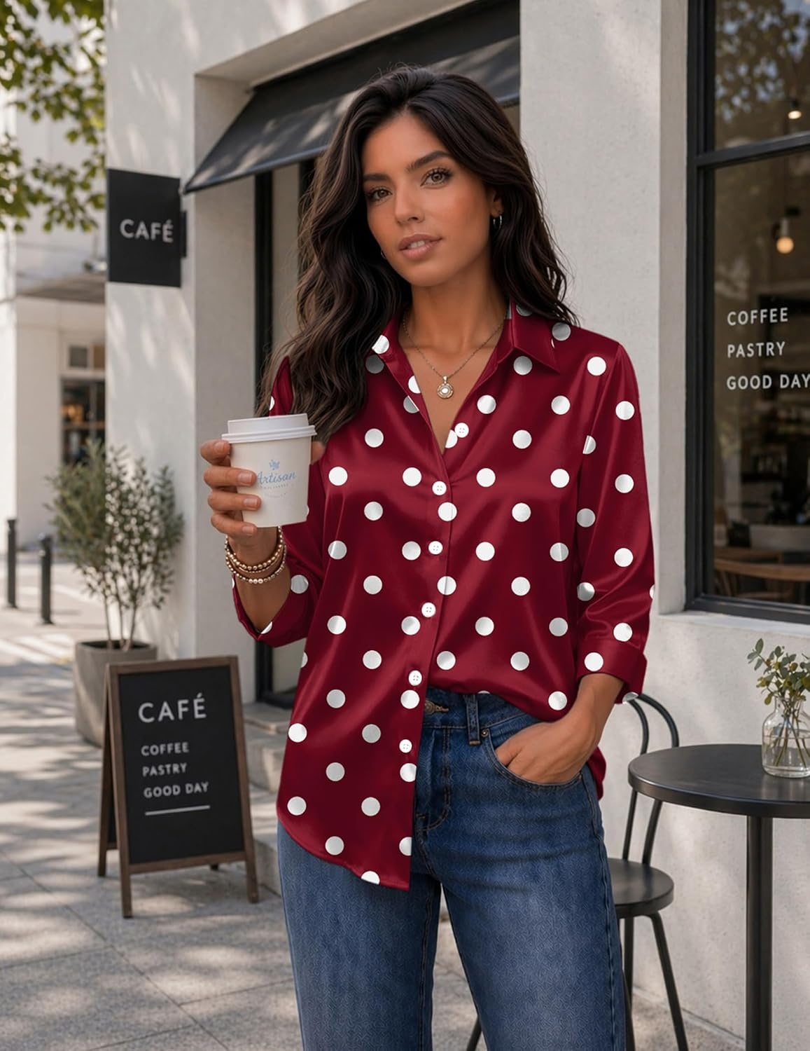 image:imageZeagoo Womens Satin Blouses Button Down Shirts 34 Sleeve Dressy Tops S2XLRed Polka Dots