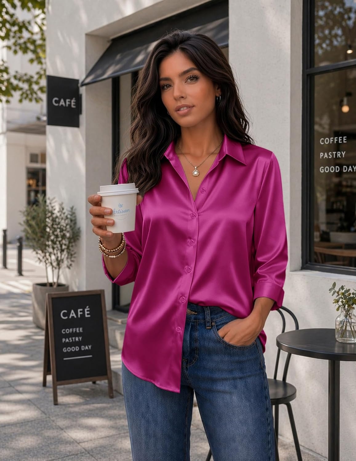 image:imageZeagoo Womens Satin Blouses Button Down Shirts 34 Sleeve Dressy Tops S2XLRose Red