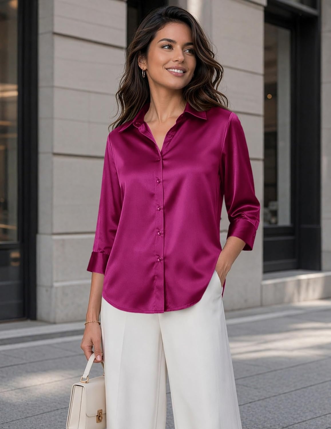 image:imageZeagoo Womens Satin Blouses Button Down Shirts 34 Sleeve Dressy Tops S2XLRose Red