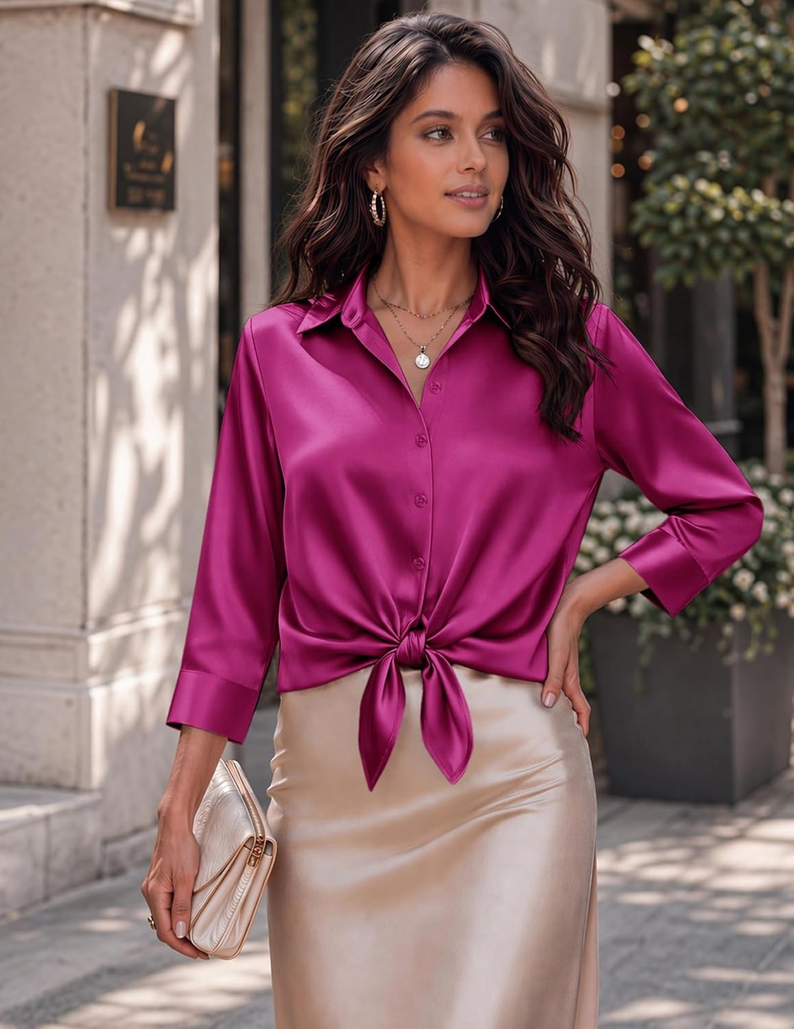 image:imageZeagoo Womens Satin Blouses Button Down Shirts 34 Sleeve Dressy Tops S2XLRose Red