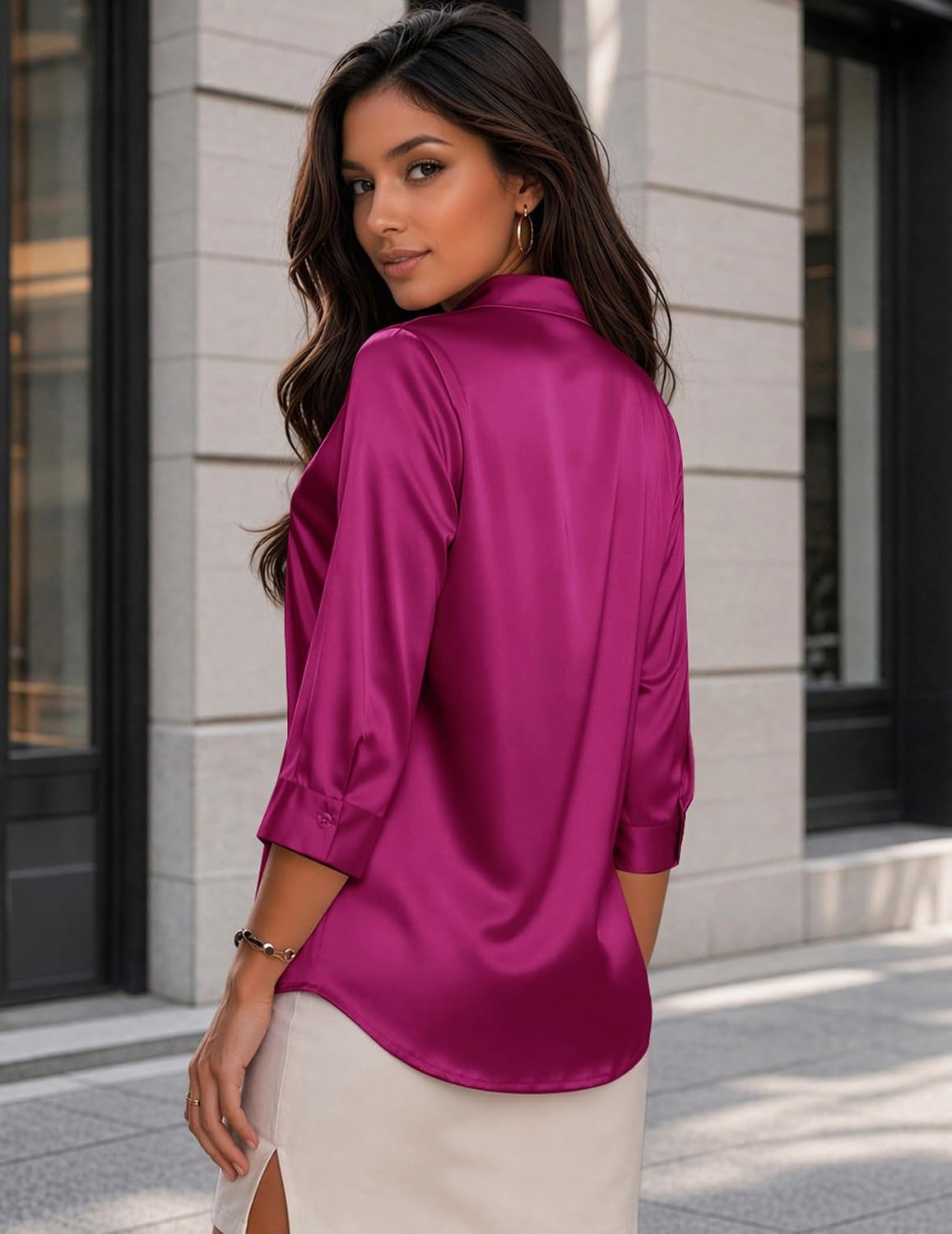 image:imageZeagoo Womens Satin Blouses Button Down Shirts 34 Sleeve Dressy Tops S2XLRose Red