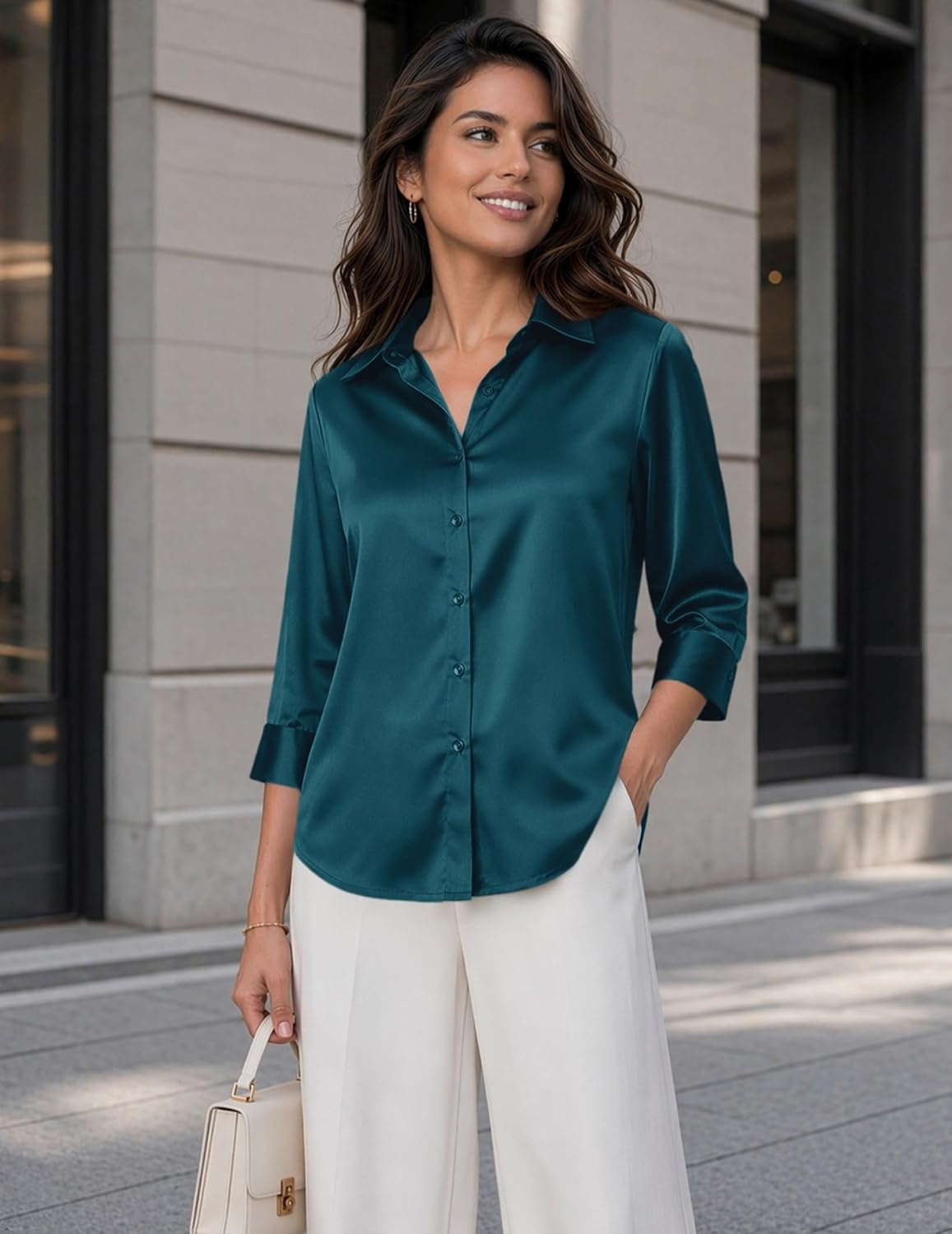image:imageZeagoo Womens Satin Blouses Button Down Shirts 34 Sleeve Dressy Tops S2XLTeal Blue