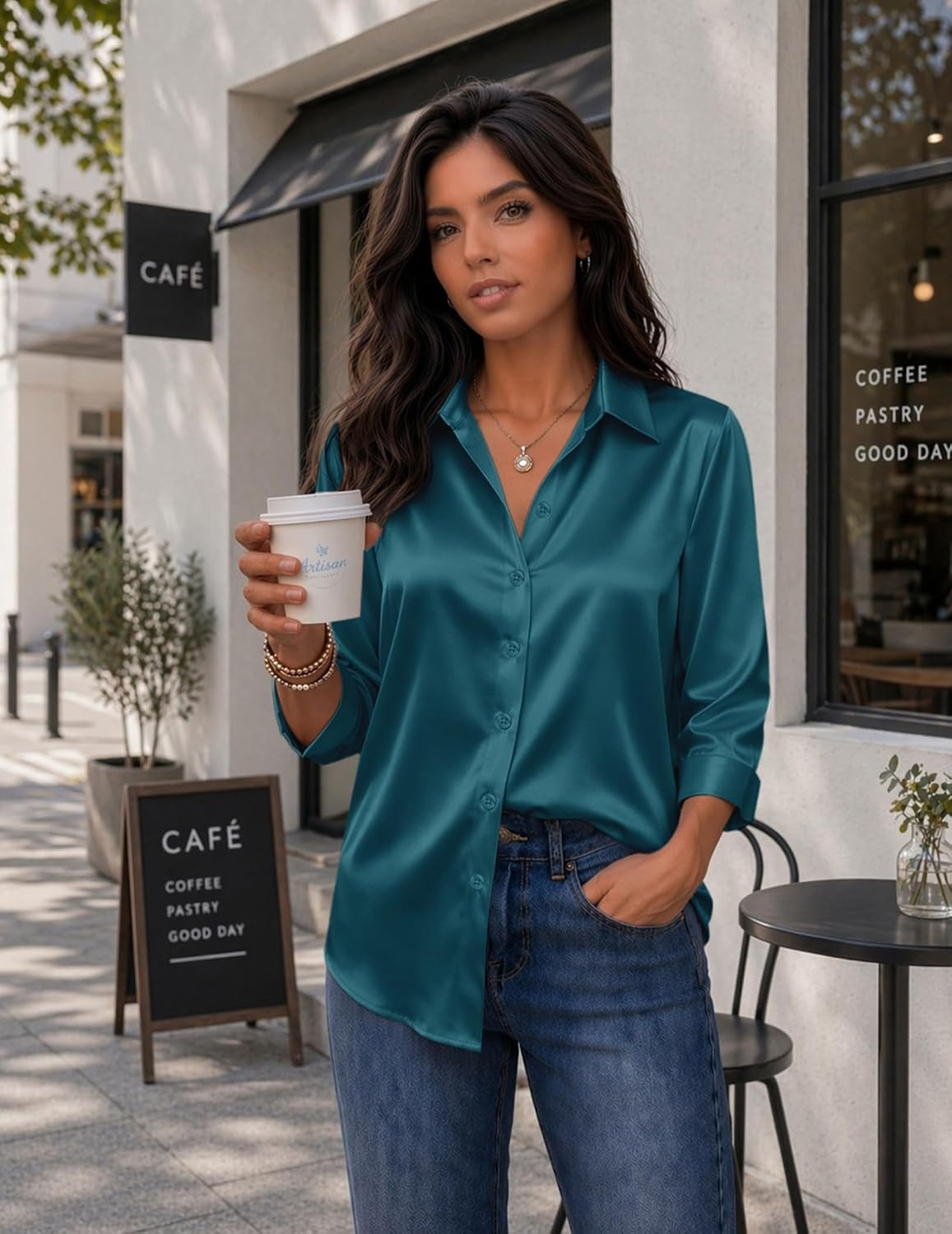image:imageZeagoo Womens Satin Blouses Button Down Shirts 34 Sleeve Dressy Tops S2XLTeal Blue