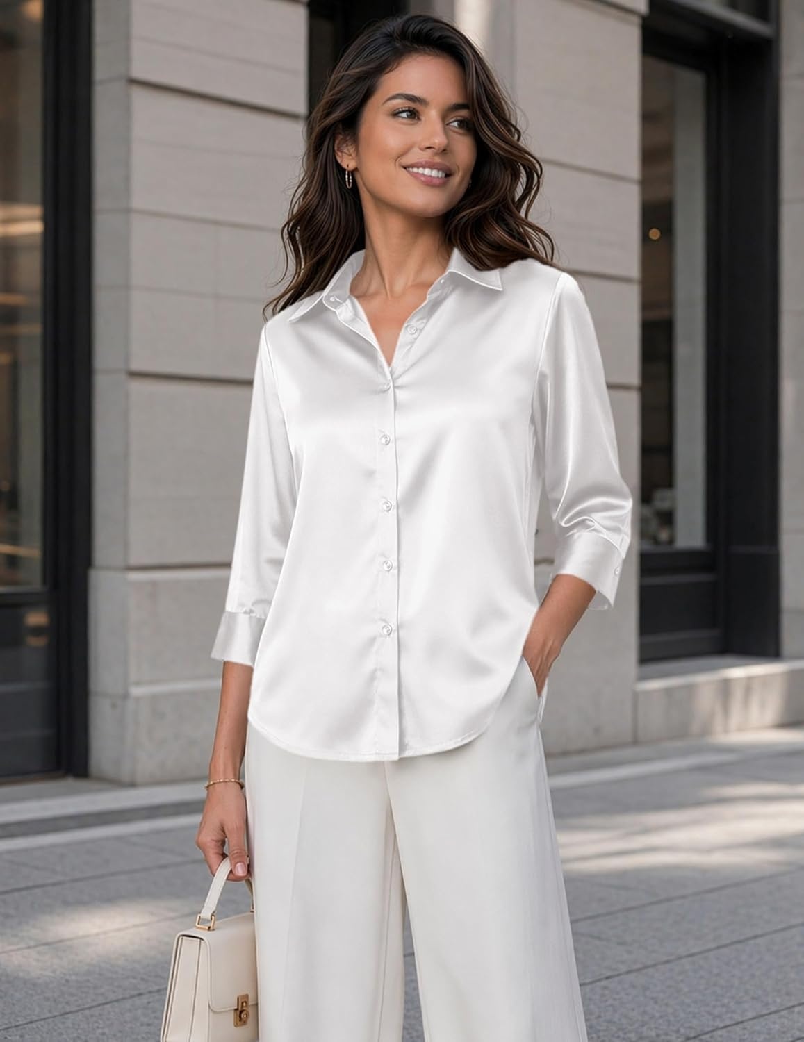 image:imageZeagoo Womens Satin Blouses Button Down Shirts 34 Sleeve Dressy Tops S2XLWhite