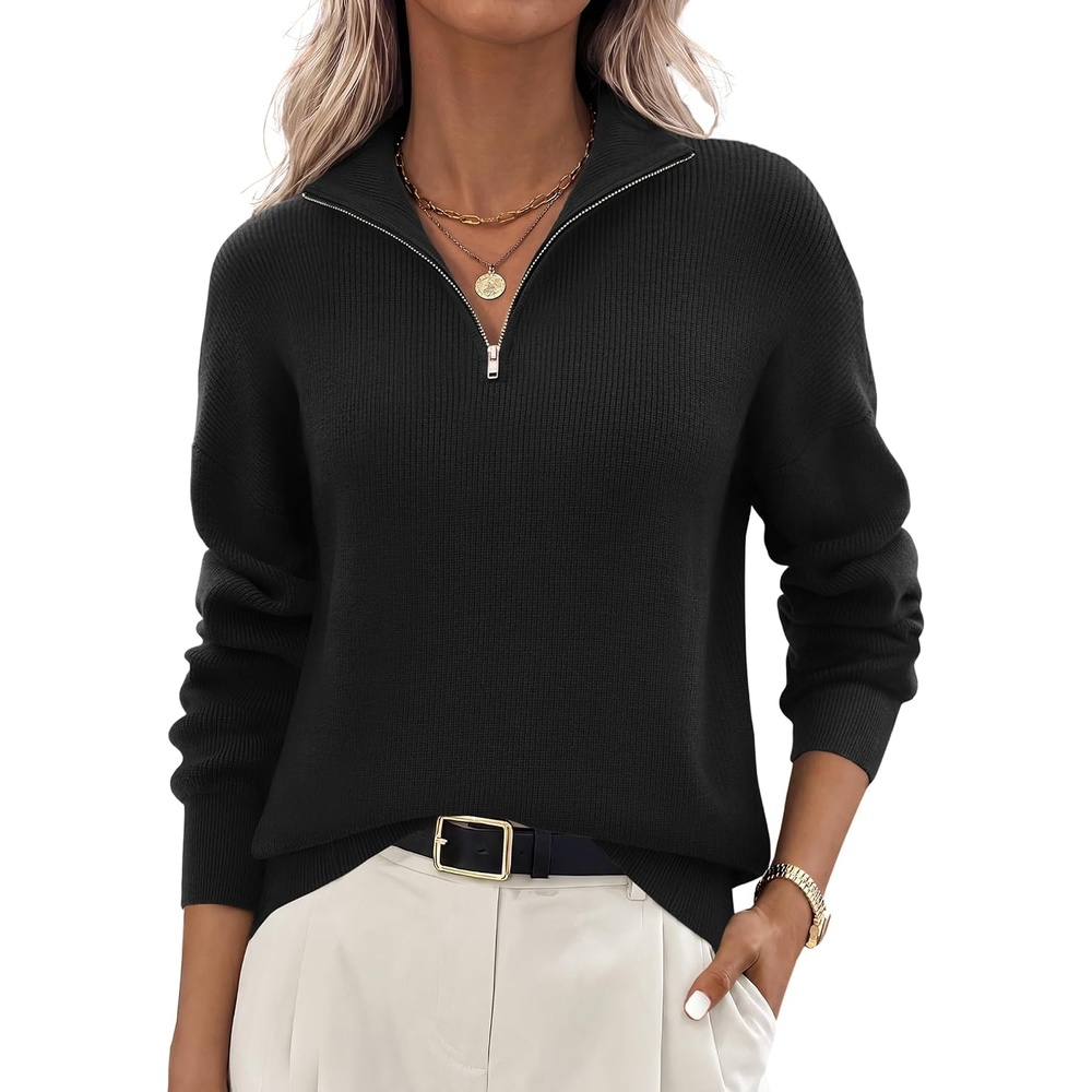 image:imageZeagoo Womens Fall Long Sleeve Quarter Zip Sweaters Knit Pullover TopsBlack