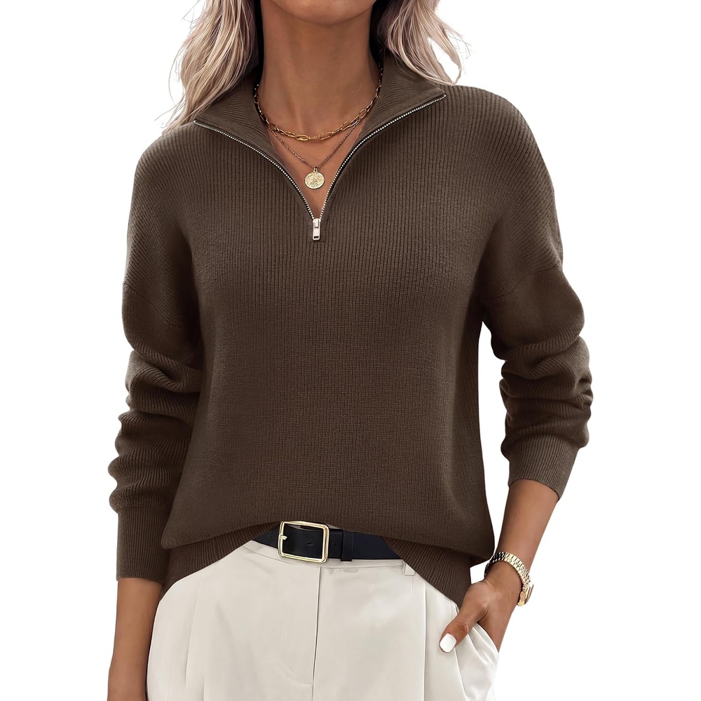 image:imageZeagoo Womens Fall Long Sleeve Quarter Zip Sweaters Knit Pullover TopsBrown