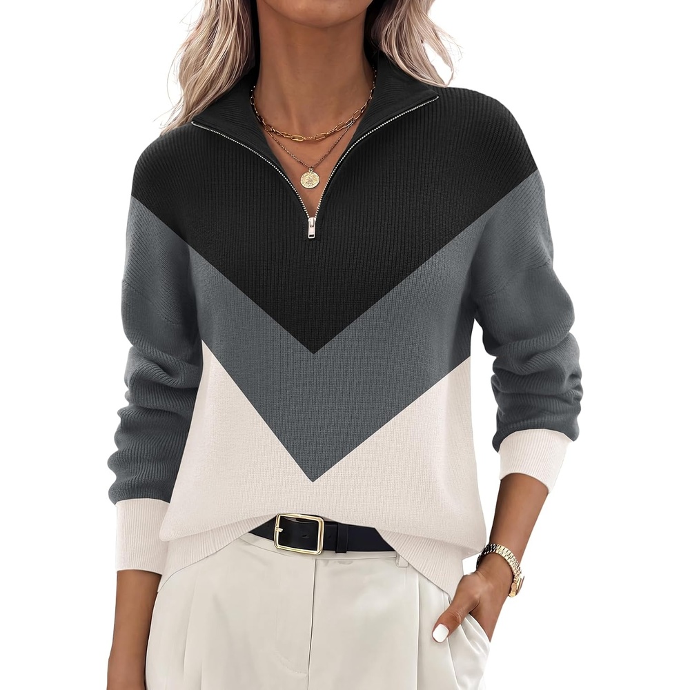 image:imageZeagoo Womens Fall Long Sleeve Quarter Zip Sweaters Knit Pullover TopsColorblock Grey