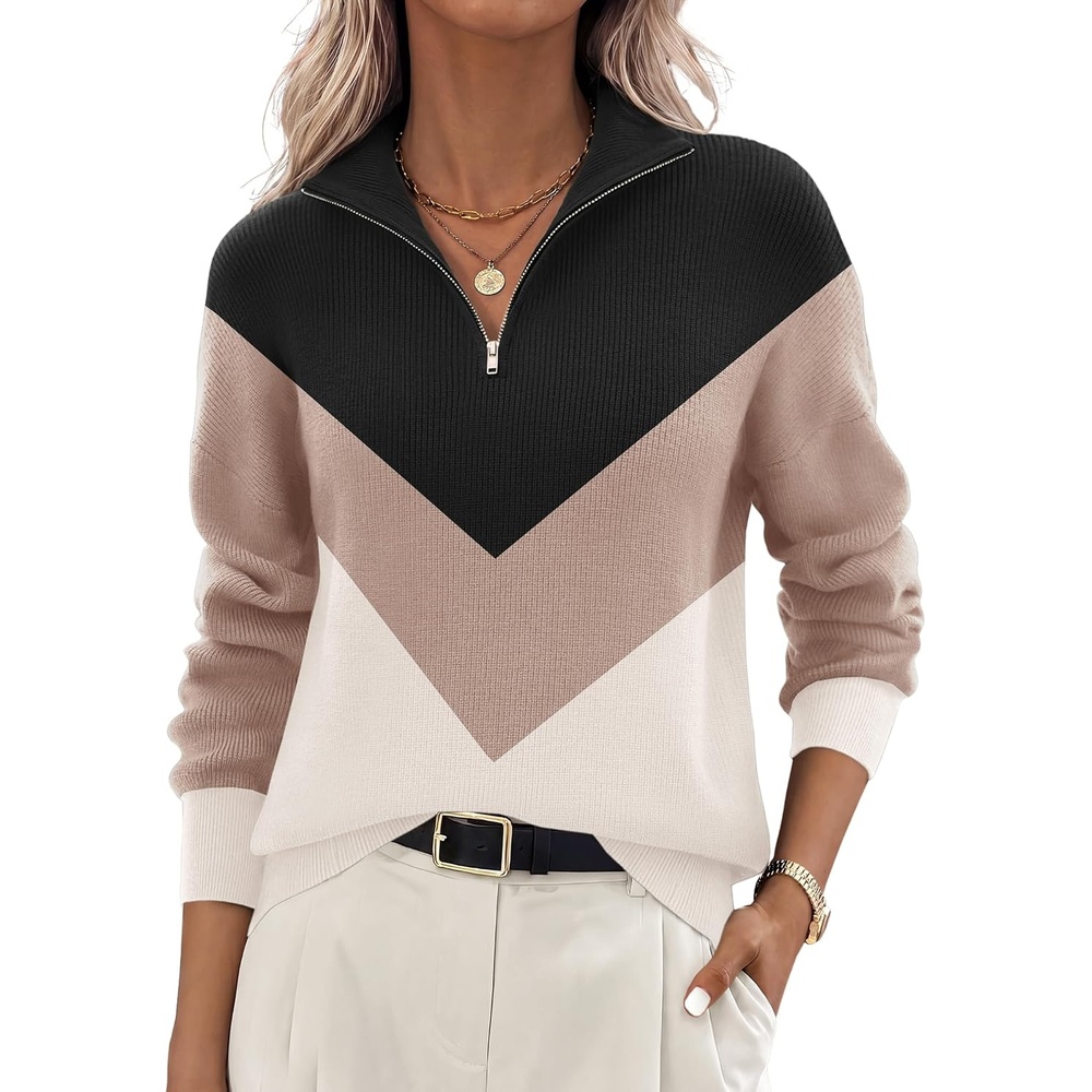 image:imageZeagoo Womens Fall Long Sleeve Quarter Zip Sweaters Knit Pullover TopsColorblock Khaki