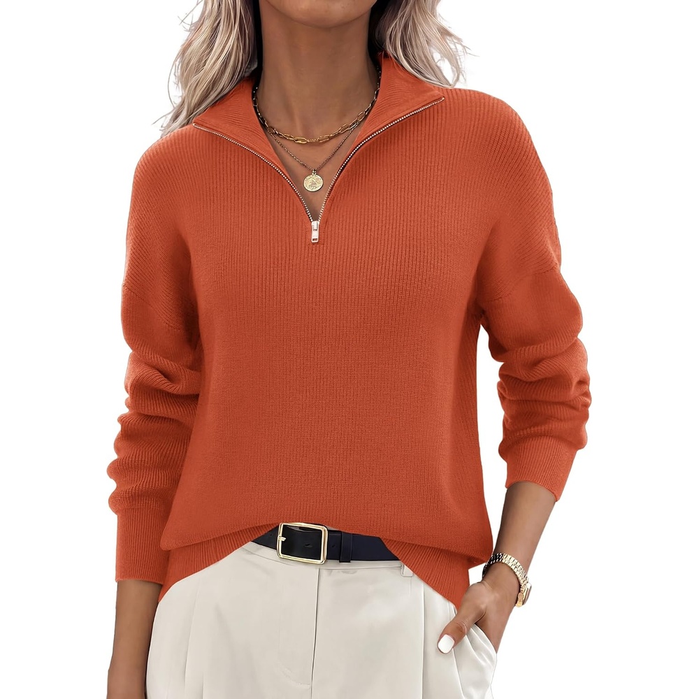 image:imageZeagoo Womens Fall Long Sleeve Quarter Zip Sweaters Knit Pullover TopsOrange