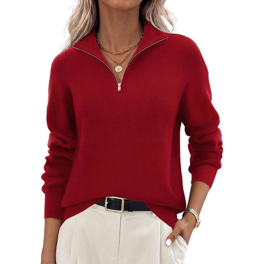 image:imageZeagoo Womens Fall Long Sleeve Quarter Zip Sweaters Knit Pullover TopsRed