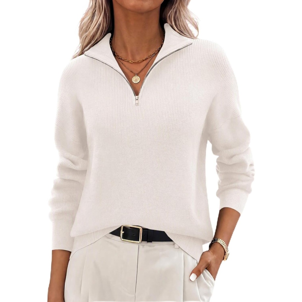 image:imageZeagoo Womens Fall Long Sleeve Quarter Zip Sweaters Knit Pullover TopsWhite