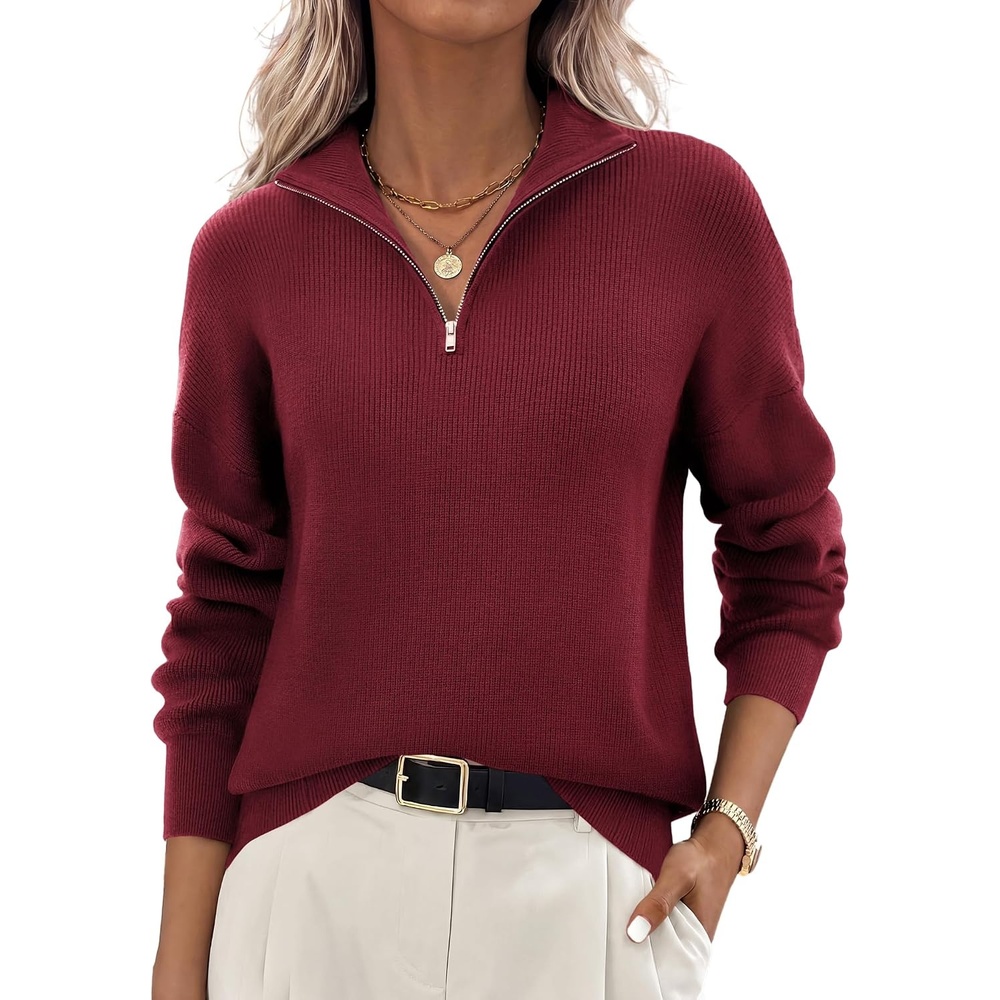 image:imageZeagoo Womens Fall Long Sleeve Quarter Zip Sweaters Knit Pullover TopsWine Red