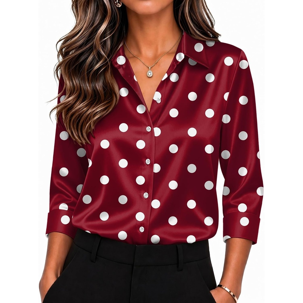 image:imageZeagoo Womens Satin Blouses Button Down Shirts 34 Sleeve Dressy Tops S2XLRed Polka Dots