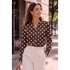 Zeagoo Women Silk Satin Tops Long Sleeve Button Down Shirts S-2XL(Brown Polka Dots)