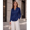 Zeagoo Women Silk Satin Tops Long Sleeve Button Down Shirts S-2XL(Navy Blue)