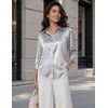 Zeagoo Womens Satin Blouses Button Down Shirts 3/4 Sleeve Dressy Tops S-2XL(Light Gray)