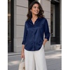 Zeagoo Womens Satin Blouses Button Down Shirts 3/4 Sleeve Dressy Tops S-2XL(Navy Blue)