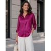 Zeagoo Womens Satin Blouses Button Down Shirts 3/4 Sleeve Dressy Tops S-2XL(Rose Red)