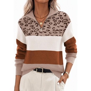 Zeagoo Womens Fall Long Sleeve Quarter Zip Sweaters Knit Pullover Tops(Colorblock Leopard)