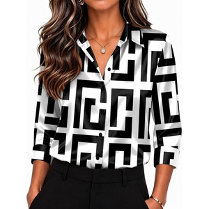 Zeagoo Womens Satin Blouses Button Down Shirts 3/4 Sleeve Dressy Tops S-2XL(Geometry)