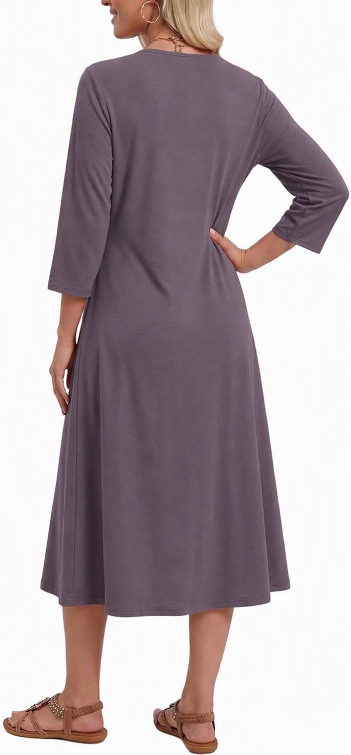 image:imageZeagoo 34 Sleeve Dress for Women Midi Dresses V Neck Lace Casual SundressAmocha Grey Purple