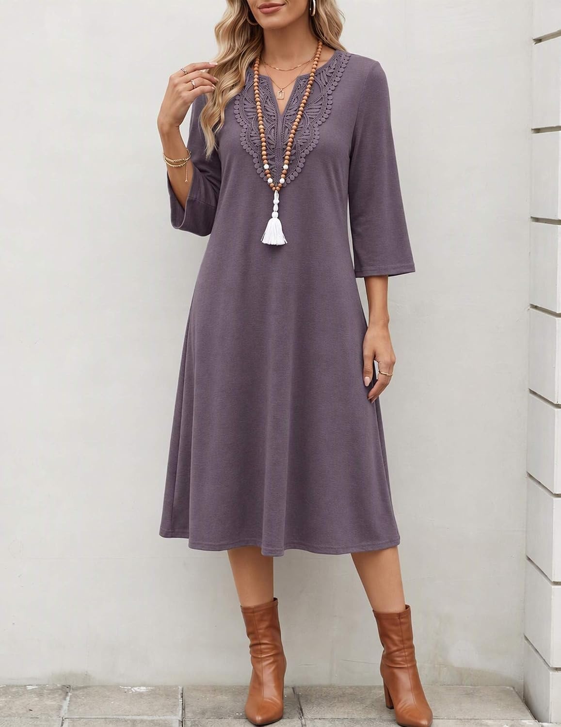 image:imageZeagoo 34 Sleeve Dress for Women Midi Dresses V Neck Lace Casual SundressAmocha Grey Purple