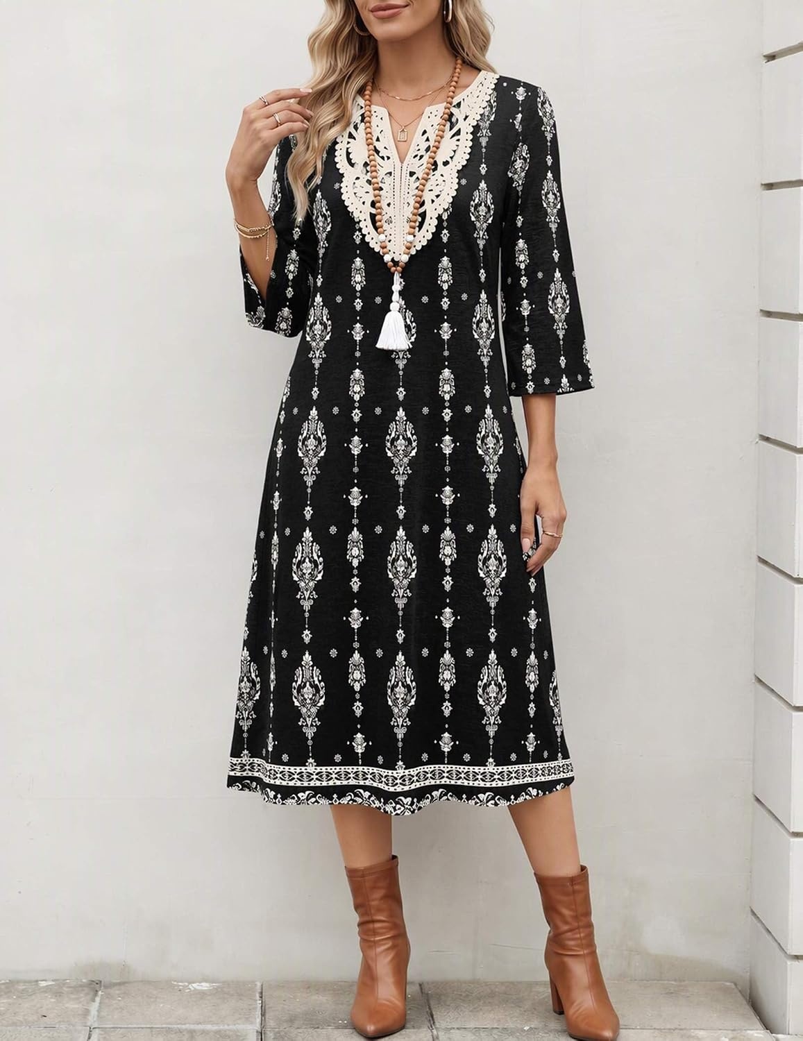 image:imageZeagoo 34 Sleeve Dress for Women Midi Dresses V Neck Lace Casual SundressBlack Printed