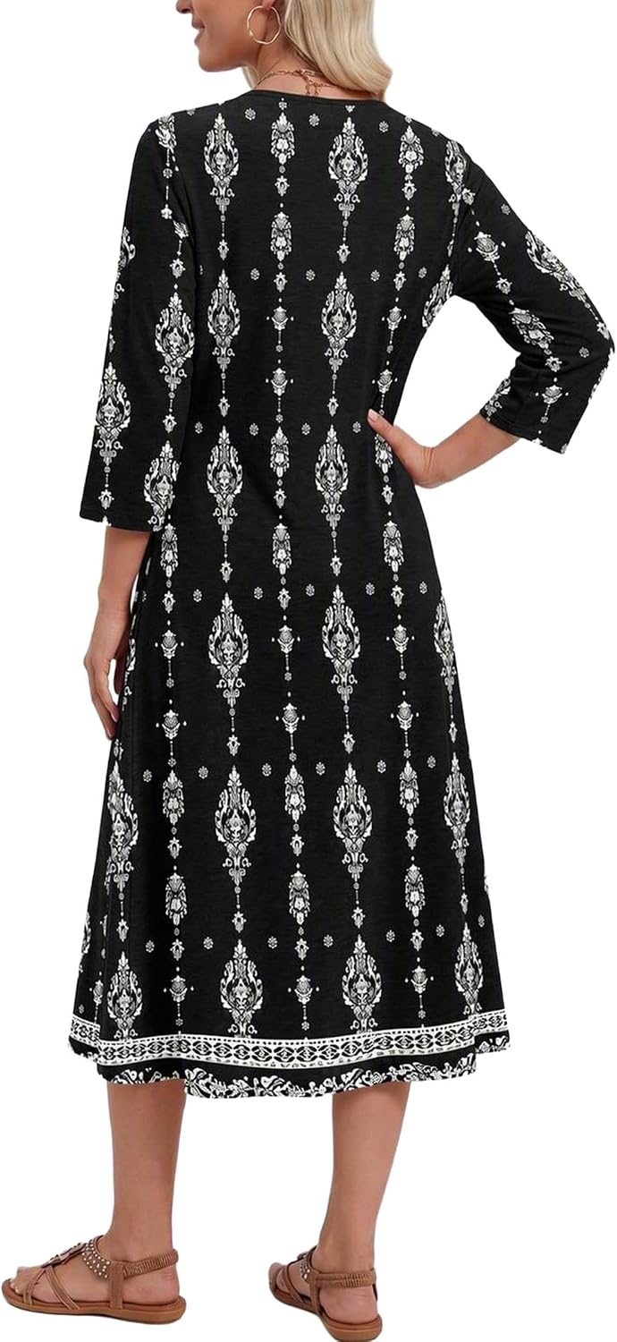image:imageZeagoo 34 Sleeve Dress for Women Midi Dresses V Neck Lace Casual SundressBlack Printed